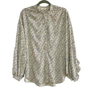 Max Studio Ruffle Back Button Down Flowy Blouse Black Floral on Cream Size XL